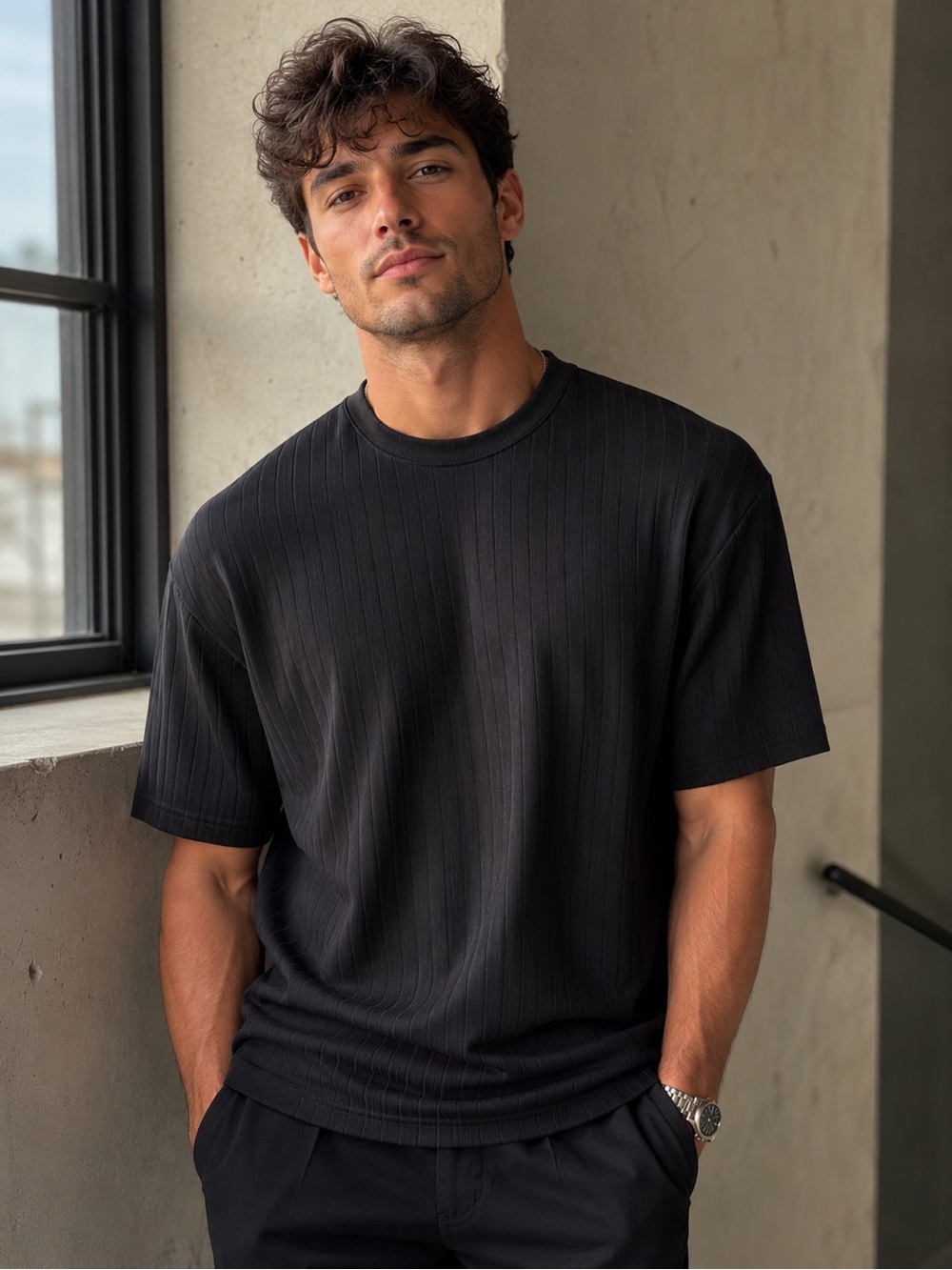 Black Ribbed Short-Sleeve Men’s Shirt